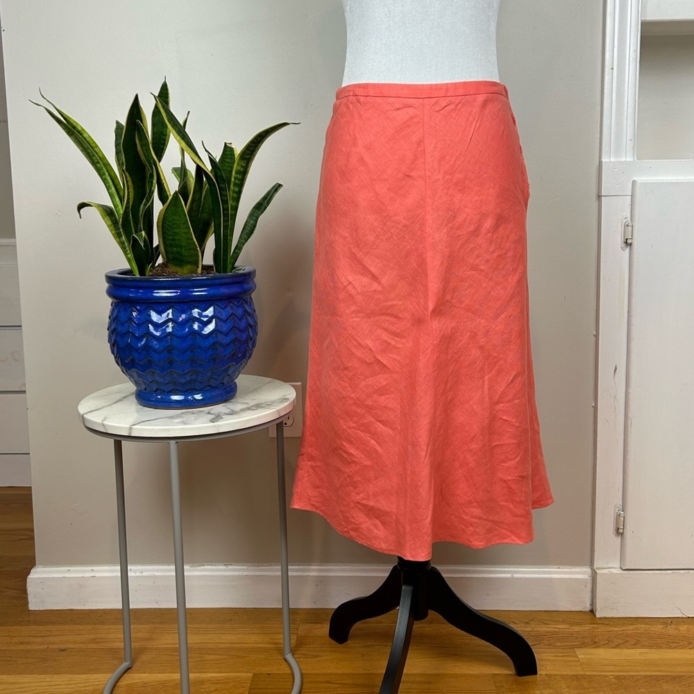 ANN TAYLOR Coral Linen Fluted Midi Skirt Lightweight Summer
